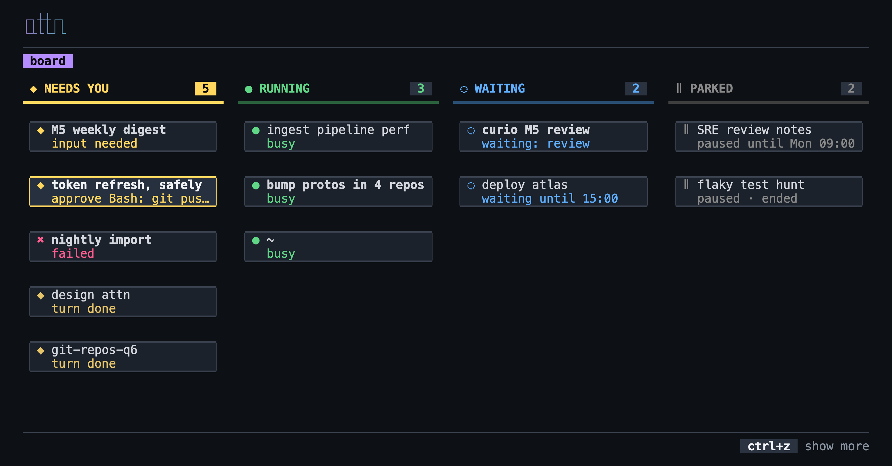 attn's board in the zen view: four columns of agents, each card its title and what it's doing
